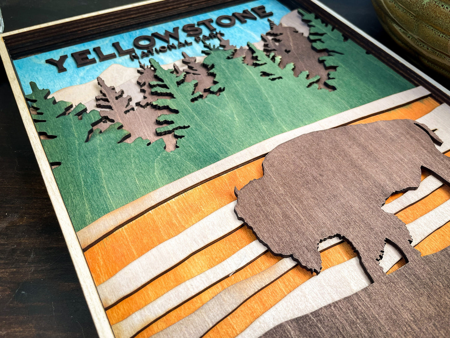Yellowstone National Park Wood Sign: Laser Cut 3D Layered Art