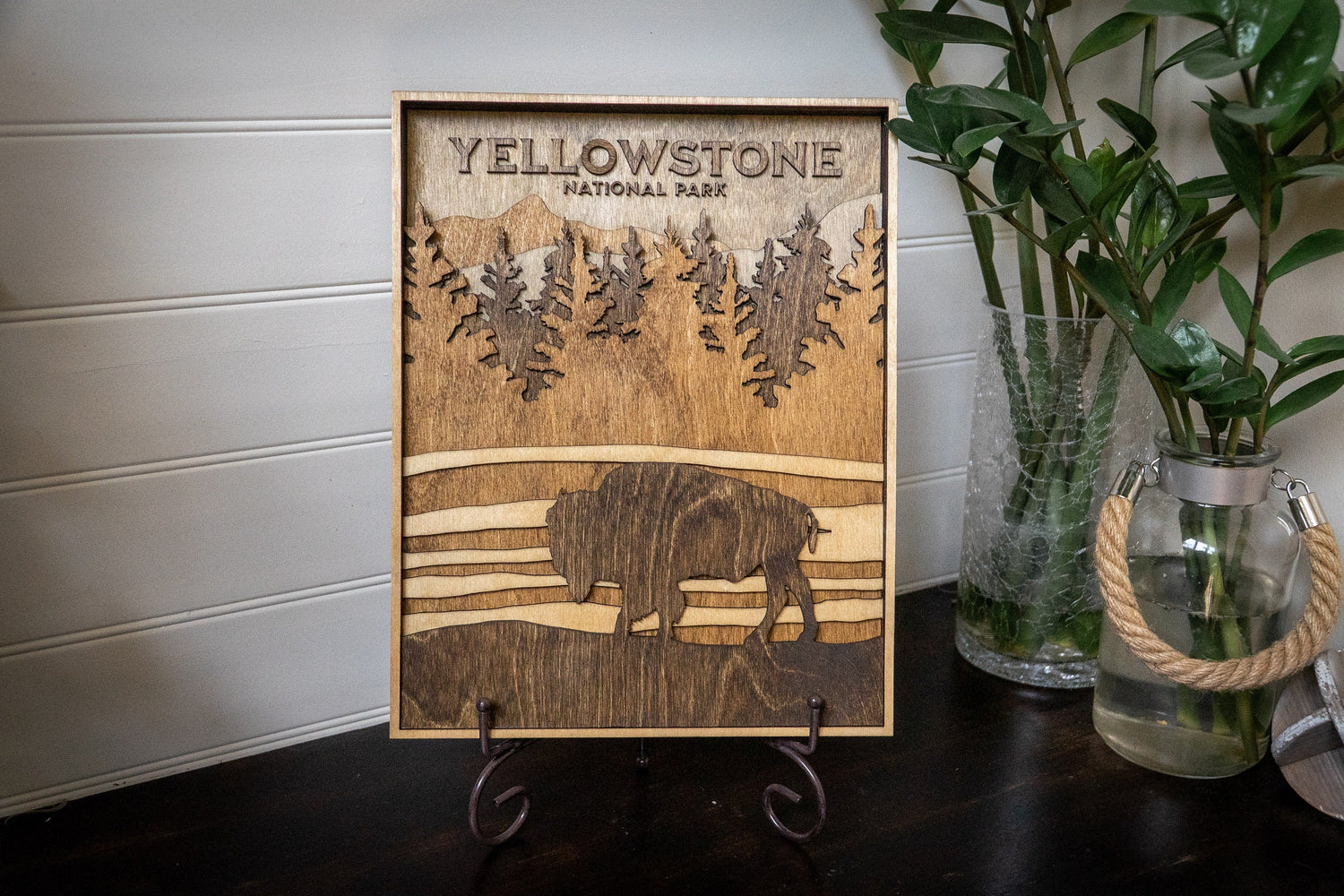 Yellowstone National Park Wood Layered Sign Stained | Outdoor Enthusiast Gift | Laser Cut Wood Stained Sign