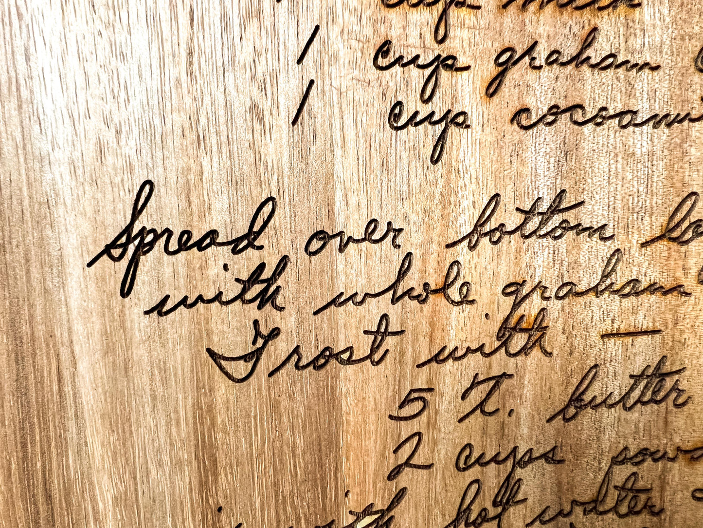 Handwritten recipe laser engraved on wood cutting board for custom kitchen display. A heartfelt family heirloom and grandmother keepsake, ideal as memorial gift or wall decoration. This heritage recipe board blends personalized design with timeless kitchen art and decor, preserving cherished memories beautifully.