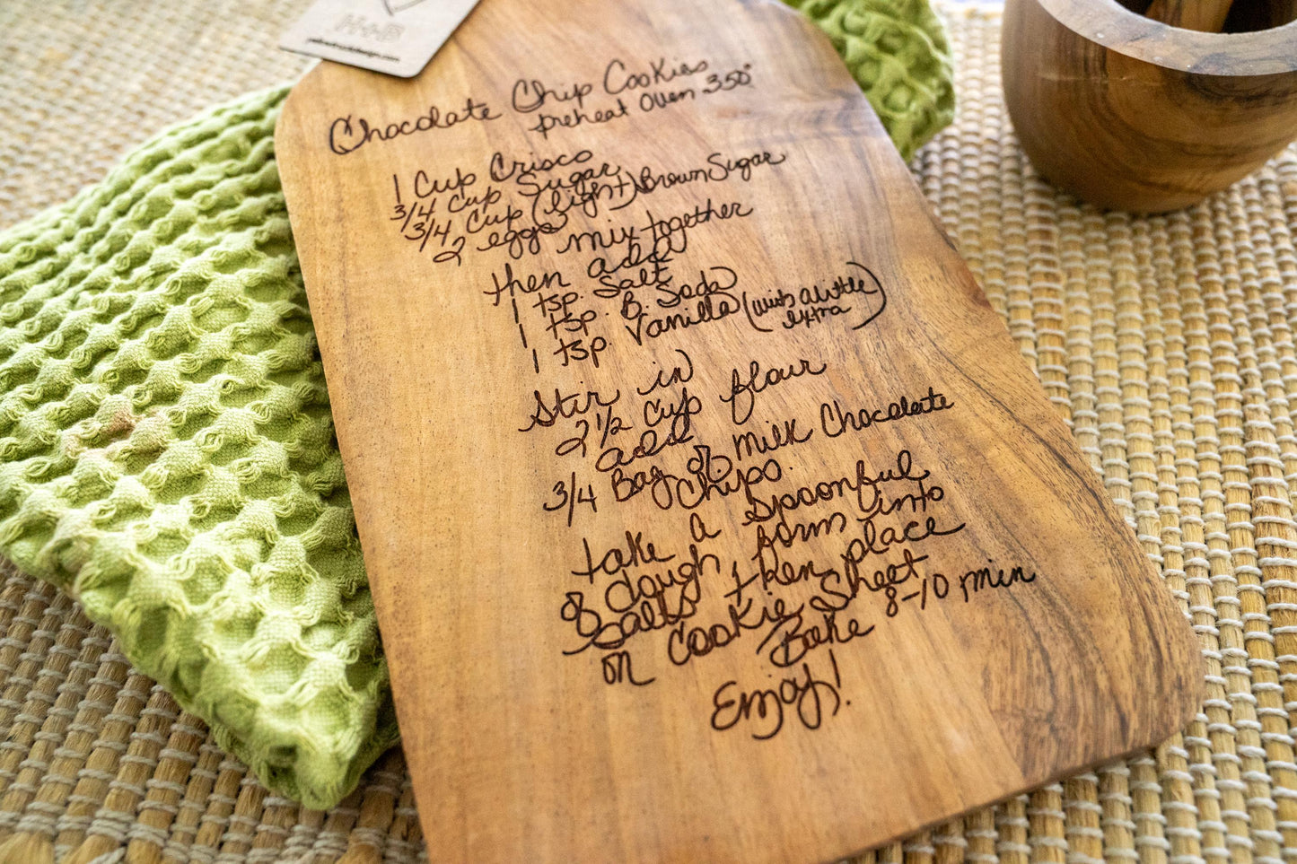Handwritten recipe laser engraved on wood cutting board for custom kitchen display. A heartfelt family heirloom and grandmother keepsake, ideal as memorial gift or wall decoration. This heritage recipe board blends personalized design with timeless kitchen art and decor, preserving cherished memories beautifully.