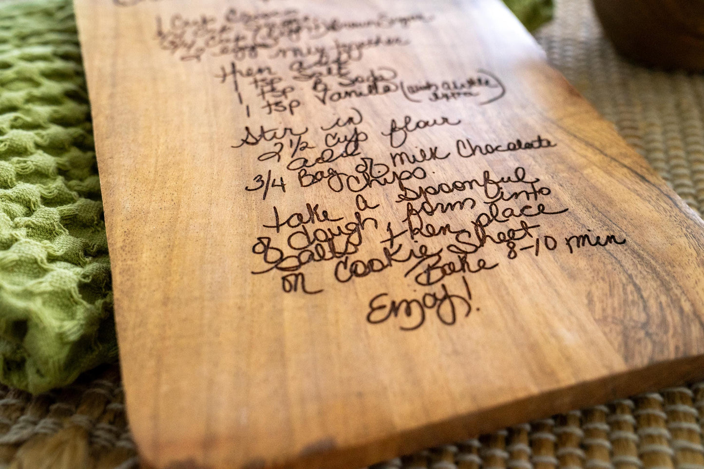Handwritten recipe laser engraved on wood cutting board for custom kitchen display. A heartfelt family heirloom and grandmother keepsake, ideal as memorial gift or wall decoration. This heritage recipe board blends personalized design with timeless kitchen art and decor, preserving cherished memories beautifully.
