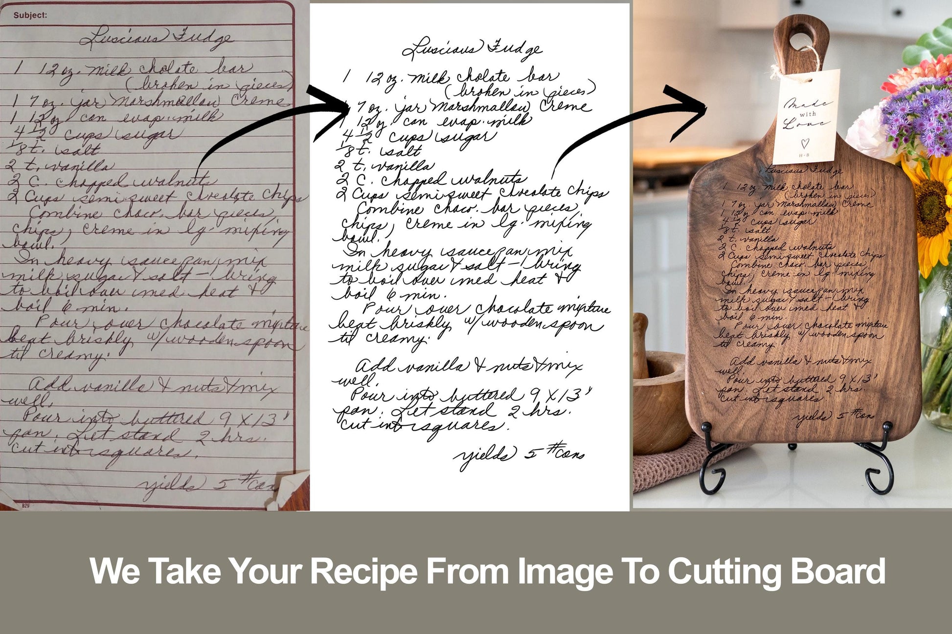 Personalized Walnut Recipe Cutting Board with Handwritten Recipe Keepsake