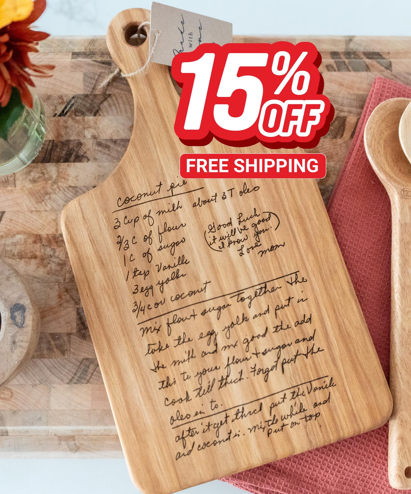 Custom Personalized handwritten recipe display on wood cutting board, perfect for kitchen decor and wall decoration. Laser engraving preserves family heirlooms and grandmother keepsakes as heritage kitchen art. A unique memorial gift idea featuring personalized design and engraving for a timeless display and keepsake.