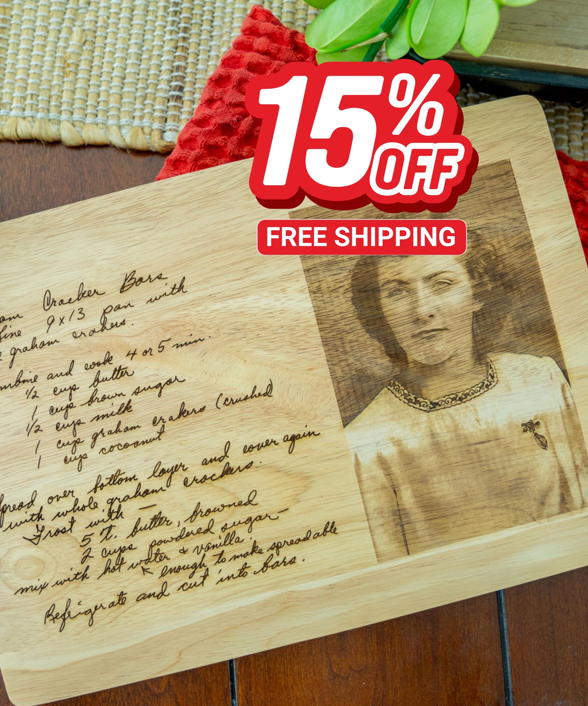 May include: A wooden cutting board with a handwritten recipe for "Graham Cracker Bars" and a vintage photo of a woman. The recipe includes ingredients like butter, sugar, graham crackers, and coconut.