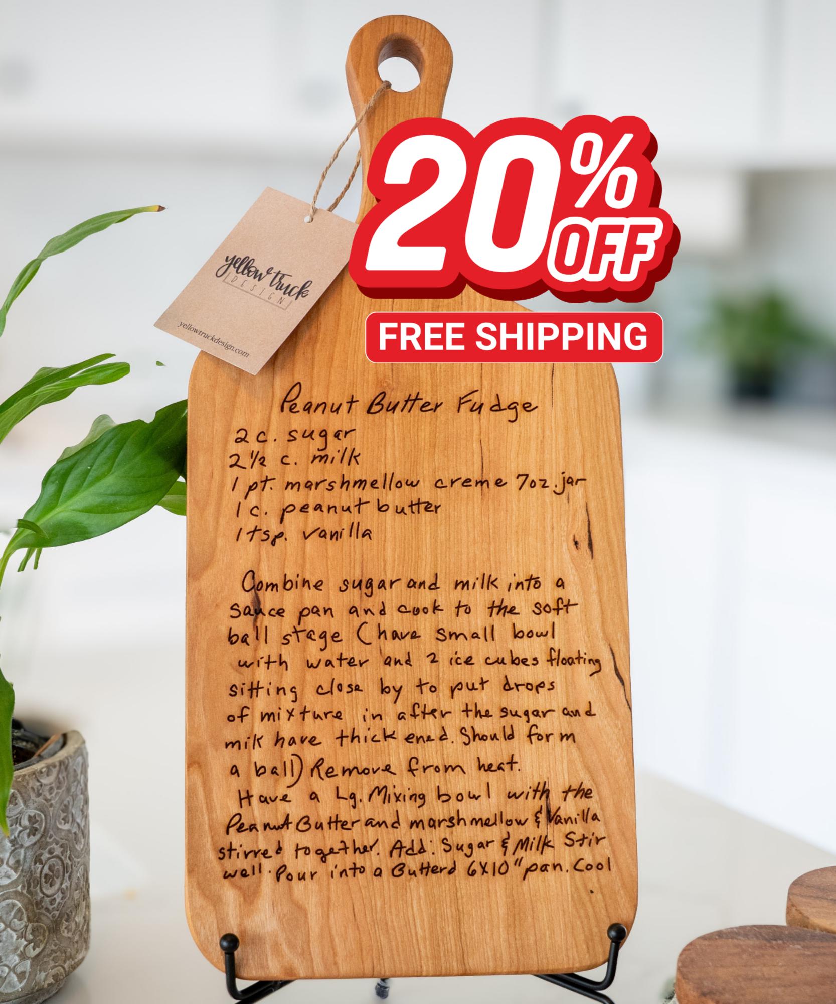 Handwritten recipe cutting board made of cherry wood.