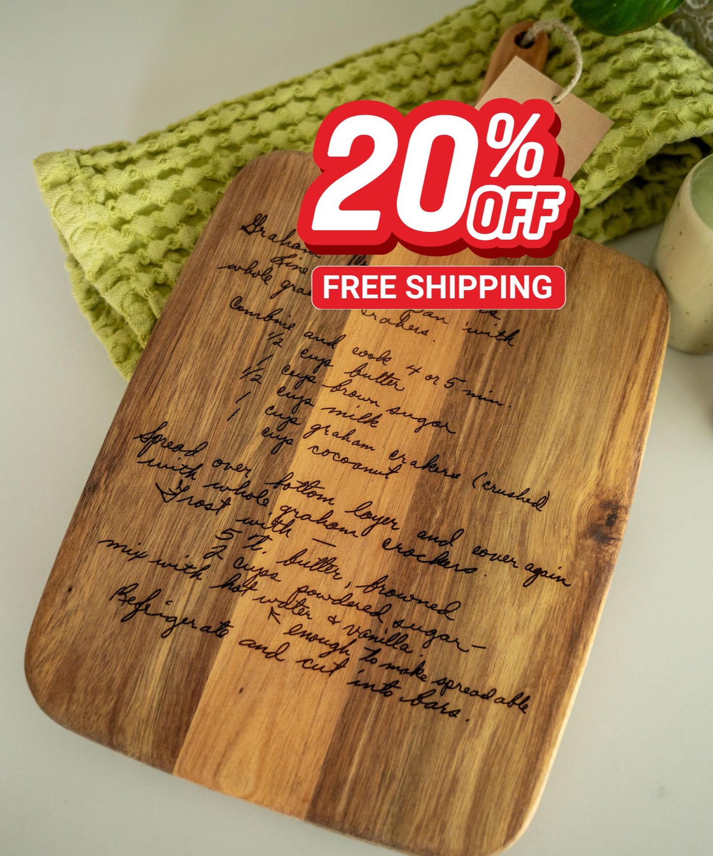 Custom handwritten recipe display on wood cutting board, perfect for kitchen decor and wall decoration. Laser engraving preserves family heirlooms and grandmother keepsakes as heritage kitchen art. A unique memorial gift idea featuring personalized design and engraving for a timeless display and keepsake.