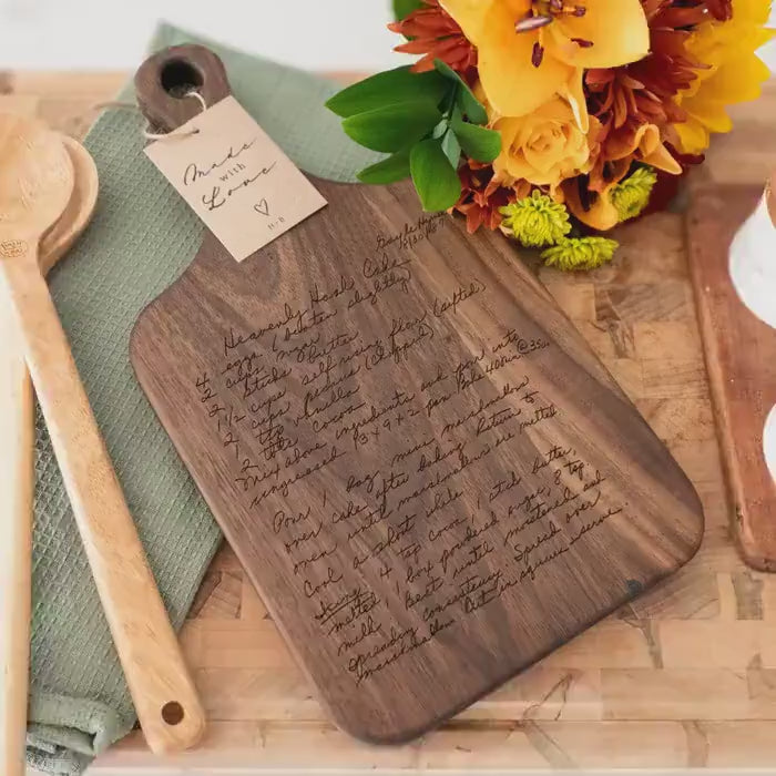 Personalized Walnut Recipe Cutting Board with Handwritten Recipe Keepsake